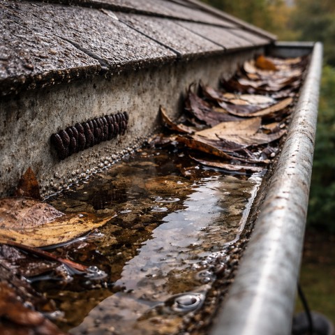 Gouttière encombrée et œufs de moustiques