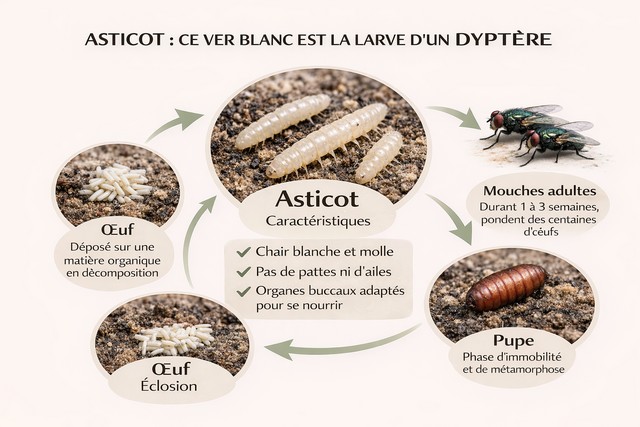 Larve de mouche - Asticot - cycle de vie expliqué