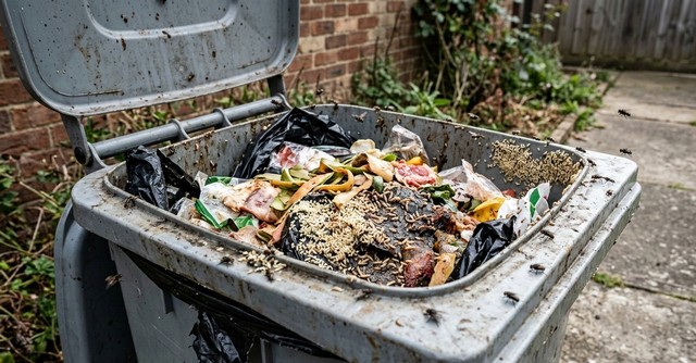Poubelle infestée avec quelques mouches visibles