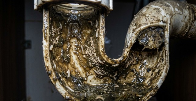Vue intérieure d’un siphon de lavabo, avec biofilm visqueux brunâtre et traces de larves blanches sur les parois