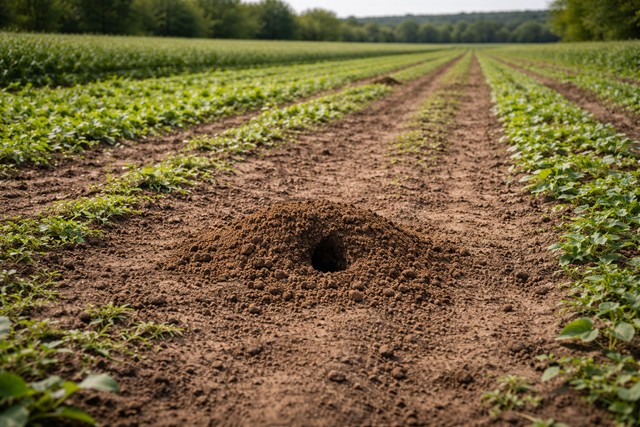 Champ de légumes endommagé par des taupes