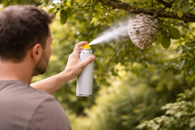Hommes pulvérisant un nid de guêpes