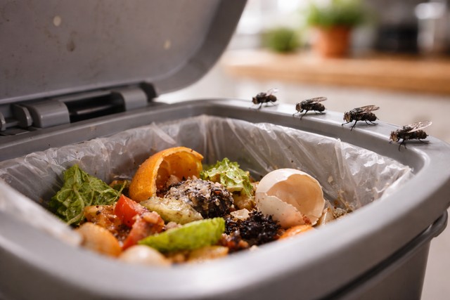 Mouches sur une poubelle de cuisine