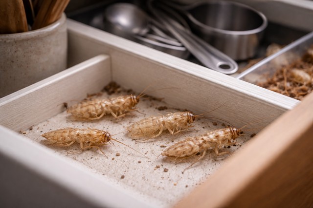 Mues de cafards dans tiroir