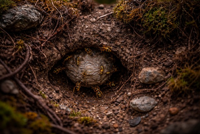 Nid de guêpes dans le sol humide