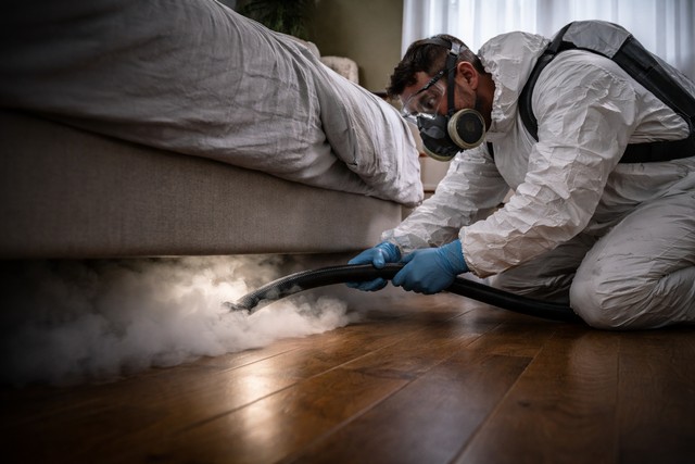 Technicien de désinsectisation sous le lit
