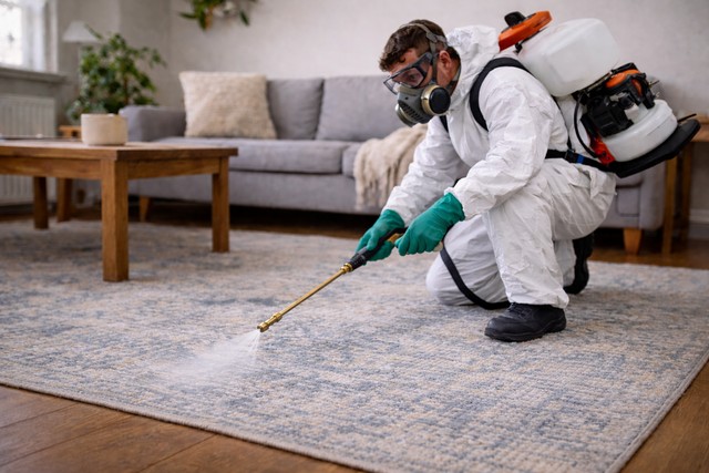 Technicien traitant les puces dans le salon