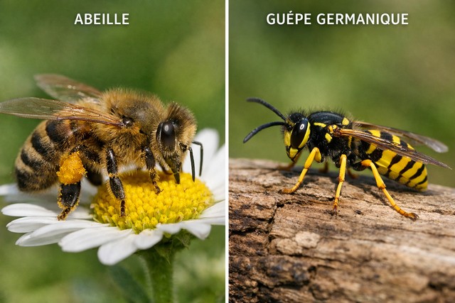 Abeille et guêpe comparées de près Abeille et guêpe comparées de près
