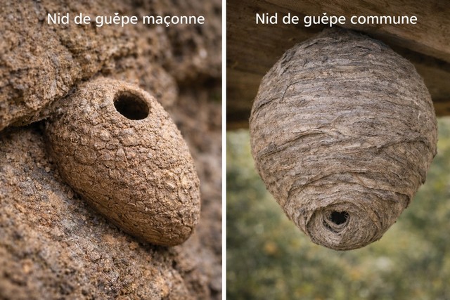 Comparaison de nids de guêpe maçonne et guêpe commune