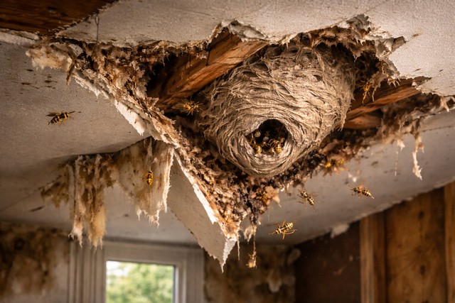 Dégâts dans le grenier avec nid de guêpes
