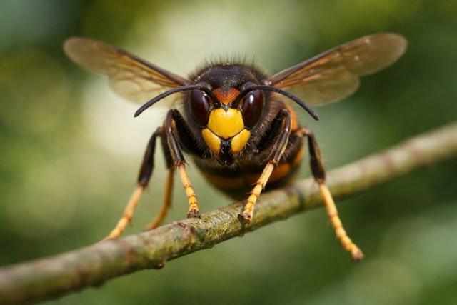 Frelon asiatique sur une brindille verte