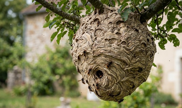 Nid de frelons asiatiques sur un arbre