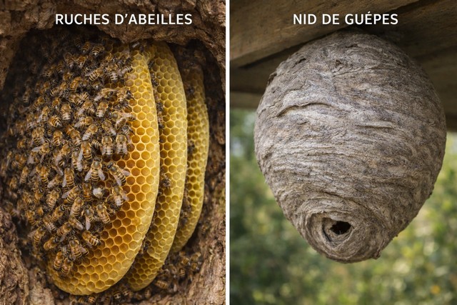 Ruches d'abeilles et nid de guêpes