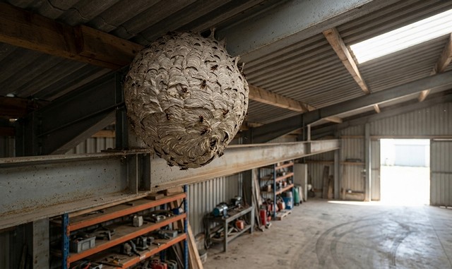nid de frelon asiatique sous le toit d'un hangar